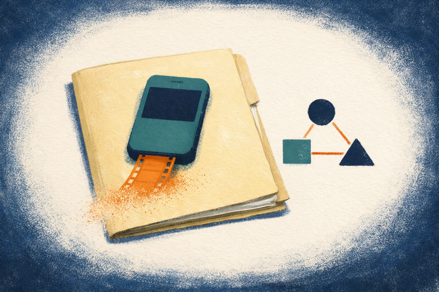 Redactionele illustratie: een warmwit manilla-dossier ligt iets naar links van het midden; erop een gestileerde smartphone in gedempt teal met een donker navy kader dat een videokader suggereert (zonder gezichten of tekst). Uit de smartphone glijdt een korte oranje filmstrook die na enkele frames vervaagt en oplost in fijne papiervezelnevel — metaforisch voor een videopost die in het dossier ongedocumenteerd blijft. Rechts van het dossier drie kleine abstracte geometrische tokens verbonden door dunne oranje lijnen, die op een abstracte manier het overleg tussen instanties suggereren. Marineblauwe achtergrond met papiertextuur; gouache- en zeefdruk-effecten, geen tekst of logo's; deze afbeelding is een redactionele metafoor en geen foto van een gebeurtenis.