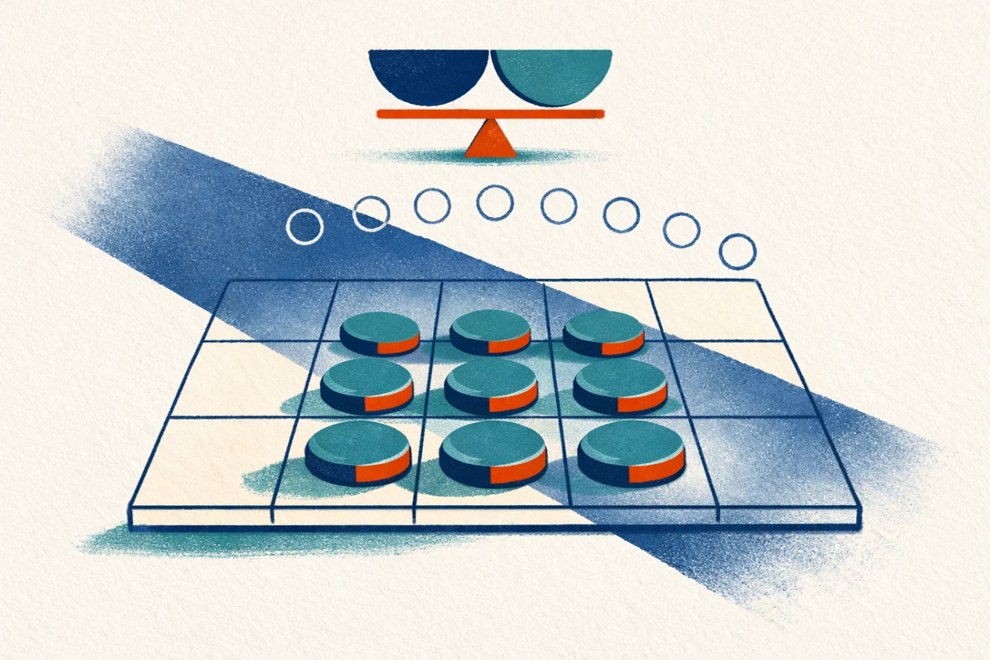 Redactionele illustratie (metaforisch): een papierachtige gouache‑compositie met een gestileerd spelbord in warmwit en marineblauwe lijnen. Op het bord liggen negen ronde muntachtige tokens in gedempt teal met oranje highlights — ze vormen samen het visuele teken voor de negen onderzoeken. Een brede, diagonaal invallende marineblauwe ‘toezichtsstraal’ valt over de tokens; boven de straal zweven negen kleine lege cirkels als markeringen van onderzoek. Bovenaan een abstracte balans (halve cirkels en een oranje spil) symboliseert toetsing en eerlijkheid. Geen personen, geen tekst of logo’s; duidelijk bedoeld als redactionele metafoor, geen fotografische reconstructie.