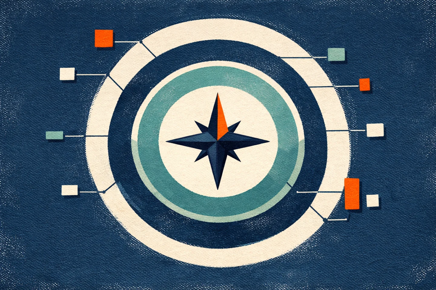 Redactionele illustratie — metaforische voorstelling van ‘toezicht op toezicht’. Op een warme papiertextuur liggen drie semi-transparante concentrische ringen (marineblauw en gedempt teal) rond een gestileerde, geometrische kompasroos in diep inktzwart met een klein oranje accent op één punt. Rond de buitenste ring zweven abstracte blokjes die met dunne lijnen aan de ringen verbonden zijn. De afbeelding heeft gouache- en zeefdrukstructuur (zichtbare penseelstreken, halftone-printruis), veel witruimte en contrasterende oranje accenten. Geen personen, geen tekst of logo's — dit is een conceptuele, redactionele metafoor, geen fotografische weergave.