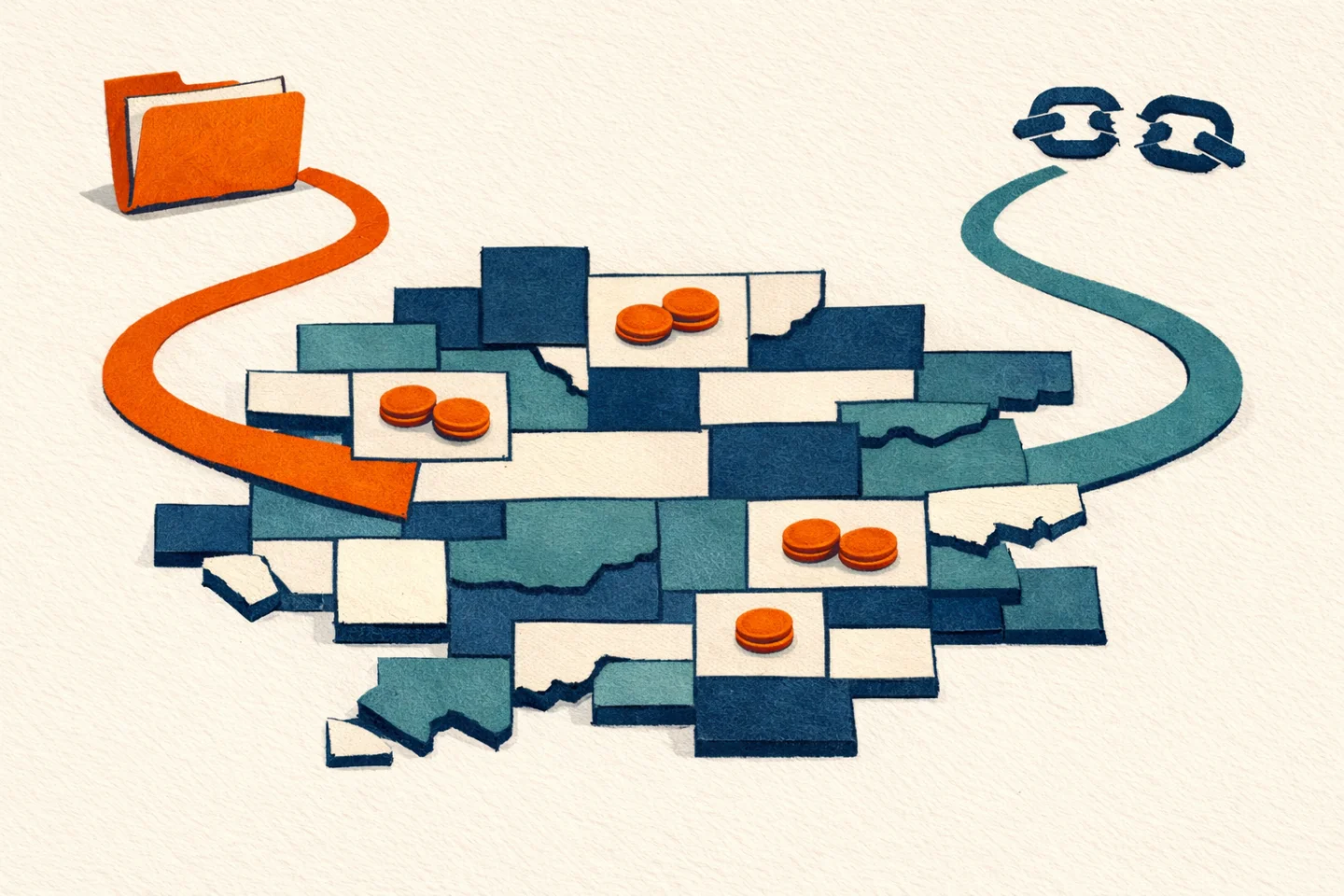 Redactionele illustratie — conceptuele gouache en zeefdruk. Een abstracte grid van rechthoekige 'budgettegels' op warme papieren achtergrond; enkele tegels dragen kleine oranje muntschijfjes (symbolen voor uitkeringen en LKS), meerdere tegels zijn afgebroken of leeg (ontbrekende of onvolledige gegevens). Twee kleurige paden divergeren: een oranje pad naar een gestileerde dossiervorm (raadpleeg bestanden / vraag gemeente), en een gedempt teal pad naar een gebroken keten/scheur (bereik en foutherstel). Kleuren: marineblauw, warmwit, oranje, gedempt teal; dunne inktlijnen en papiertextuur. Metaforische weergave van de volgende bronfeiten: de Rijksoverheid publiceerde op 30 september 2026 de voorlopige bijstandsbudgetten 2027 en de definitieve bijstandsbudgetten 2026; gemeenten betalen uit die budgetten de uitkeringen voor bijstandsgerechtigden en de loonkostensubsidies (LKS); de publicatie bevat bestanden per gemeente maar het aangeleverde excerpt is afgebroken, waardoor exacte bedragen per gemeente, eventuele latere correcties en concrete gevolgen onduidelijk blijven. Dit is een redactionele metafoor, geen foto of reconstructie.