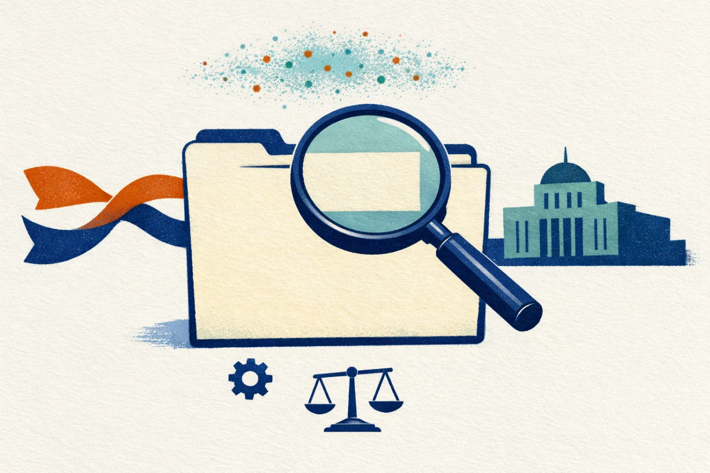 Redactionele illustratie (metaforisch): een leeg dossierblok wordt onderzocht door een vergrootglas; rechts een stilistisch overheidsgebouw, links twee golvende linten in verschillende kleuren die twee perspectieven symboliseren. Boven het dossier een diffuse stippenwolk die onzekerheid en ontbrekende uitkomsten aanduidt; onderaan abstracte symbolen voor handhaafbaarheid en uitvoerbaarheid. Kleuren: marineblauw, warmwit, oranje en gedempt teal; gouache- en zeefdruktextuur. Metaforische weergave van het enkele, bevestigde feit uit de aangeleverde bron: de Autoriteit Consument en Markt (ACM) meldt dat zij, op verzoek van het ministerie van Buitenlandse Handel en Ontwikkelingssamenwerking, een uitvoerbaarheids- en handhaafbaarheidstoets (UHT) heeft uitgevoerd op het ontwerpwetsvoorstel Internationaal Verantwoord Ondernemen. De inhoud, bevindingen of aanbevelingen van die toets zijn in de bron niet bevestigd. Dit is een redactionele illustratie, geen fotografische registratie van een gebeurtenis.