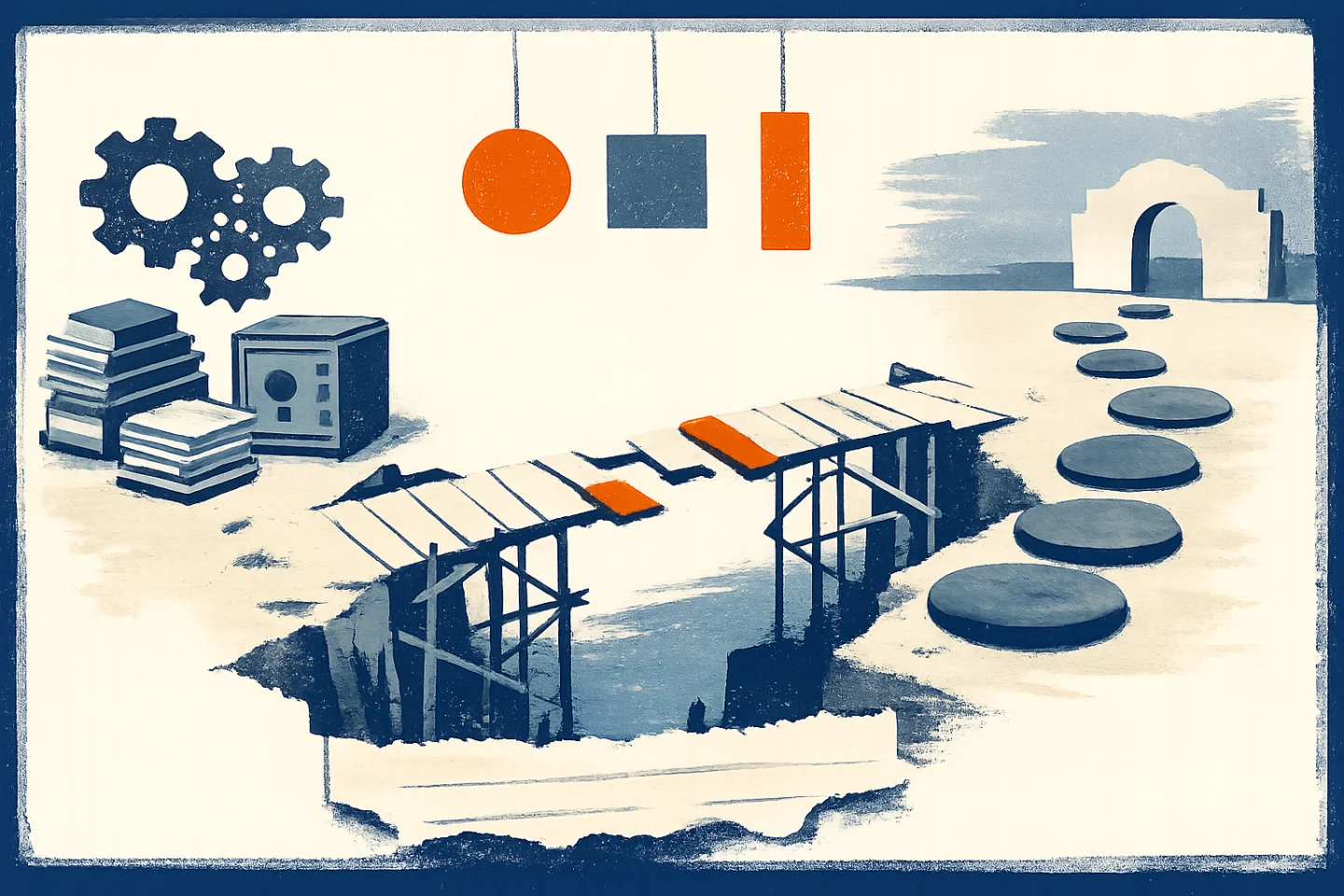 Redactionele illustratie — Conceptuele gouache/zeefdruk op warm papier. Een halfgebouwde brug van papieren planken overspant een spleet: links een cluster van tandwielen, stapels documenten en een gesloten kist (proces, verantwoordelijkheid); rechts een rij ronde stapstenen die naar een open loket-achtige poort leiden (voorbereiding en praktische oriëntatie). In het midden ontbreken meerdere plankjes en puzzelstukken; die open plekken zijn in oranje gemarkeerd en symboliseren onbekende zaken zoals budget, uitvoerder en selectiecriteria. Drie kleine abstracte tokens (drie vormen, geen cijfers) hangen boven de compositie en verwijzen naar de drie tijdsaanduidingen die de Rijksoverheid rapporteert. Onderaan hangt een afgescheurd, leeg citaatblad dat de onvolledige verwijzing naar “Minister Hans...” voorstelt zonder tekst te tonen. Beeldsfeer: ingetogen marineblauw, warm papierwit en oranje accenten; duidelijke paper-textuur en zeefdrukstrepen; geen foto’s, geen personen, geen namen of teksten in het beeld. Visuele metafoor: de onafgemaakte brug en lege schakels tonen dat de Rijksoverheid meldt dat het Noodfonds Energie opent (gepubliceerd 29-09-2026 volgens de bron), met contactmogelijkheden vanaf 1 december en een aanvraagperiode van 4 januari tot en met 7 mei — terwijl belangrijke uitvoeringsdetails onduidelijk en onvolledig blijven.