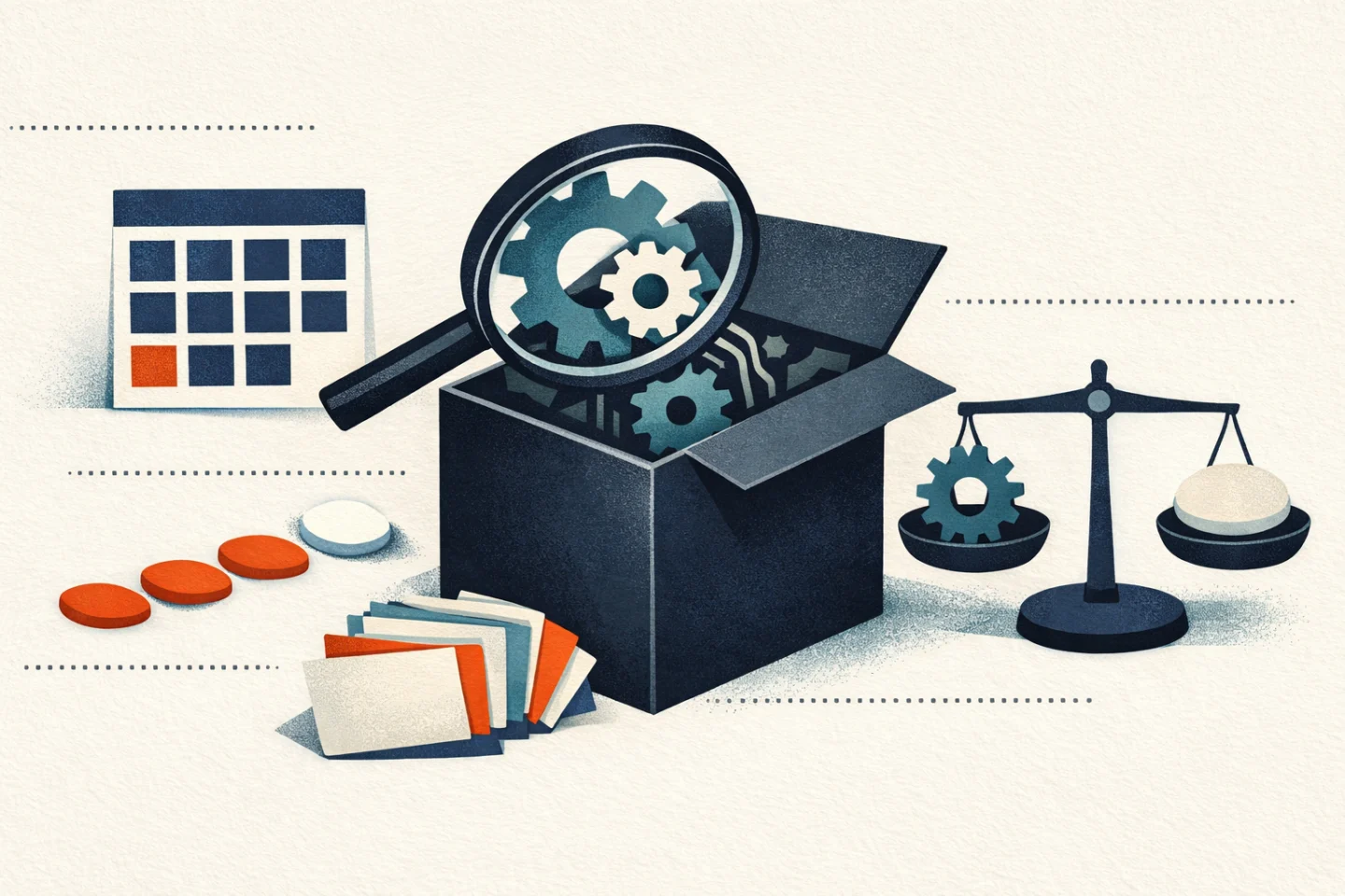 Redactionele illustratie (metaforisch). Een matte zwarte ‘black box’ staat open op een warmwit papiervlak; binnenin zijn abstracte tandwielen en stroomlijnen zichtbaar. Een vergrootglas vergroot de binnenkant van de doos (onderzoek/inspectie). Links een gestileerde kalender (blokjes zonder tekst) en een rij kleine oranje stapstenen die naar één verlichte steen leiden (tijd, prioriteiten en ‘kleinste werkbare stap’). Rechts een eenvoudige balansweegschaal met een tandwiel tegenover een neutrale schijf (afweging van risico en kosten). Fannende indexkaarten bij de doos suggereren verzamelde data; dunne puntenlijnen verbinden de elementen. Gouache/zeefdruk-stijl met papiertextuur, kleuren in marineblauw, warmwit, oranje en gedempt teal. Beeld is een redactionele metafoor voor de mededeling van de Autoriteit Consument en Markt dat zij marktonderzoek deed naar computergestuurde consumentenprijzen (ACM-publicatie 28-09-2026); het beeld pretendeert geen feitelijke weergave van een gebeurtenis of conclusies uit het onderzoek.