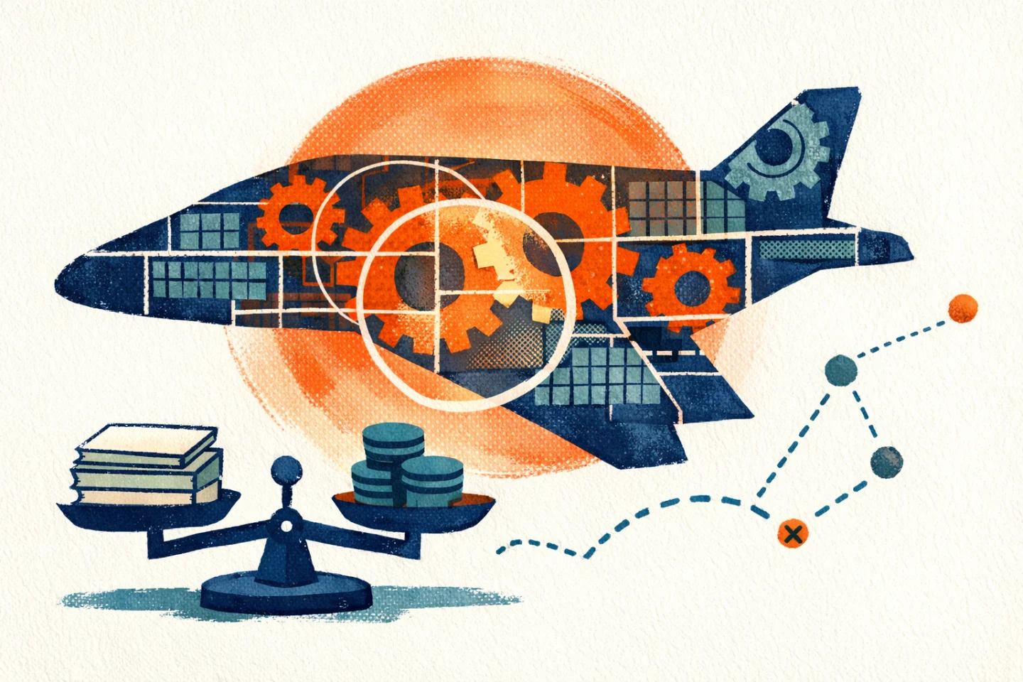 Redactionele illustratie — metaforische gouache/zeefdrukcompositie van een gestileerd, abstract vliegtuig opgebouwd uit verbonden ‘tandwielen’ en rastervlakken die prijsalgoritmes symboliseren. Een oranje vergrootglasgloed valt over de interne structuren en geeft een gevoel van ‘transparantie’. Links onder een eenvoudige weegschaal balanceert vlakke documentvormen tegenover muntachtige cirkels (verwijzend naar uitvoering, kosten en verantwoordelijkheid). Geen mensen, geen logo’s, geen tekst; duidelijk een redactionele illustratie die verwijst naar de ACM-consultatie over computergestuurde prijsstelling en het pleidooi voor transparantie van prijsalgoritmes. Dit is een metaforische weergave, geen fotografische reconstructie.